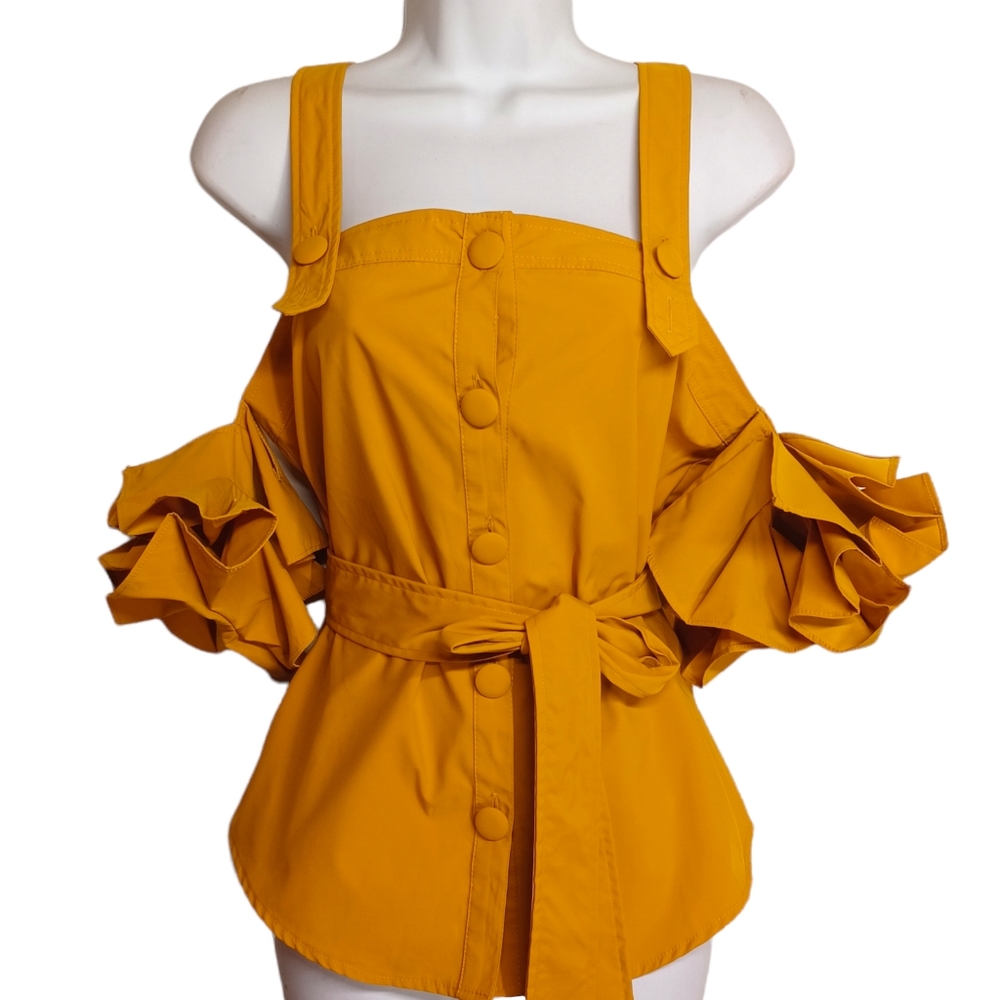 ALPHA & OMEGA Mustard Yellow Button Front Pleated Ruffle Cold Shoulder Top NWT S
